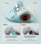An informational product graphic for a cervical spine massage and stretching device. The main product is shown in a light blue color with a circular orange display screen, accompanied by text explaining the 'Slow side' gentle massage and 'Steep side' deep stretch functions, with two smaller demonstration panels at the bottom.