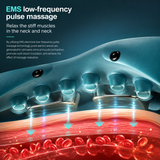 Promotional graphic for EMS low-frequency pulse massage, showing a close-up of a neck and upper chest area with metallic massage pads pressing into the skin and red blood cells illustrated below to demonstrate circulation improvement.