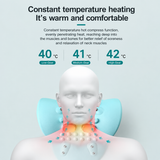 An informational product graphic for a neck massage/heating device. The top text reads 'Constant temperature heating It's warm and comfortable' with temperature labels for low, medium, and high gears: 40 °C, 41 °C, and 42 °C.